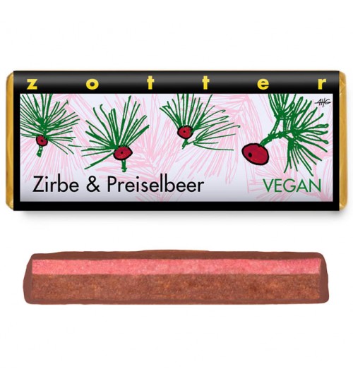 Vegan, täidisega šokolaad "Zirbe & Preiselbeer" - piiniapähkel ja jõhvikas