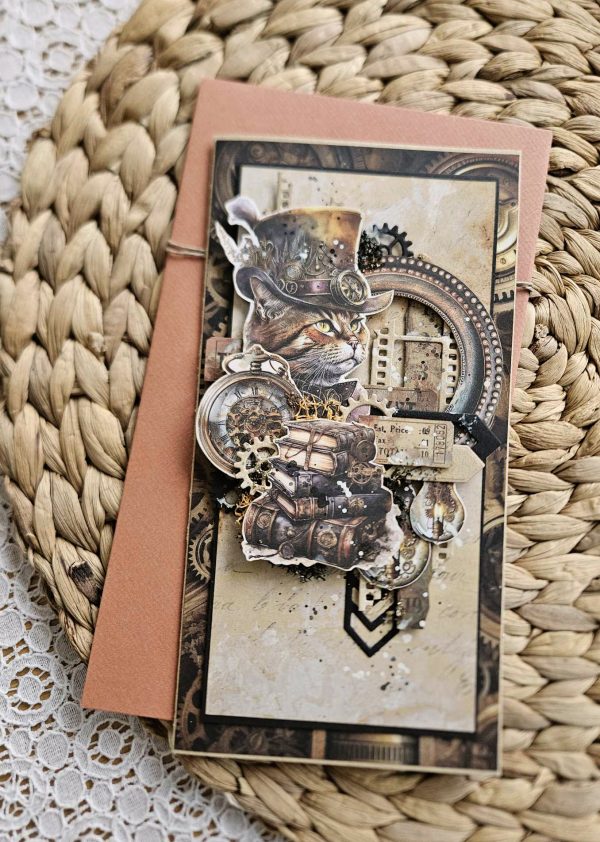 Steampunk stiilis äge õnnitluskaart "Kübaraga kass"