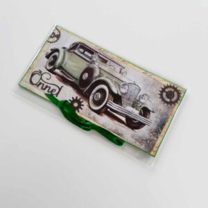 Rahataskuga õnnitluskaart "Roheline auto", paelaga kinni seotav