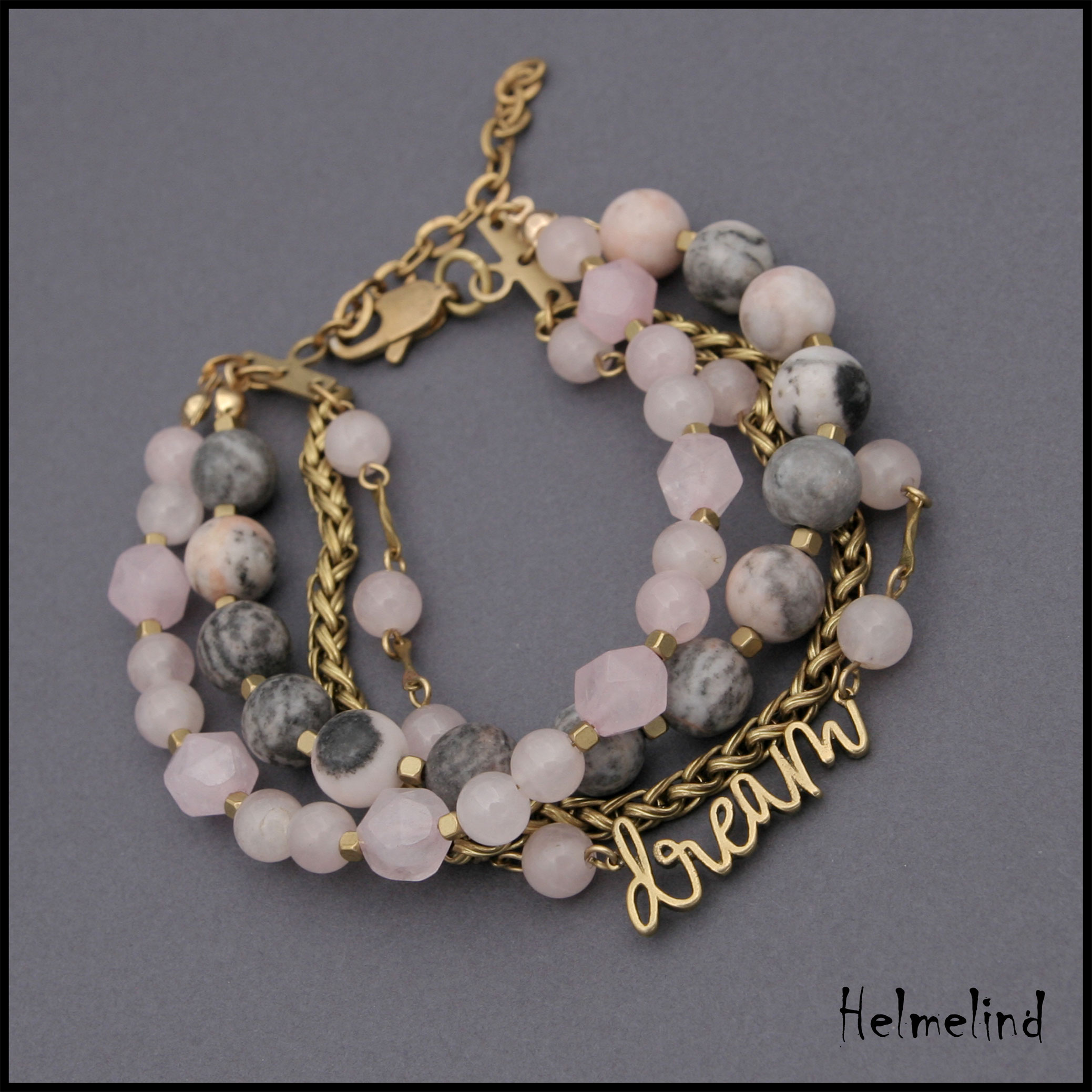 Kaunis poolvääriskividest käeehe "Dream"- roosa kvarts, sebra jaspis