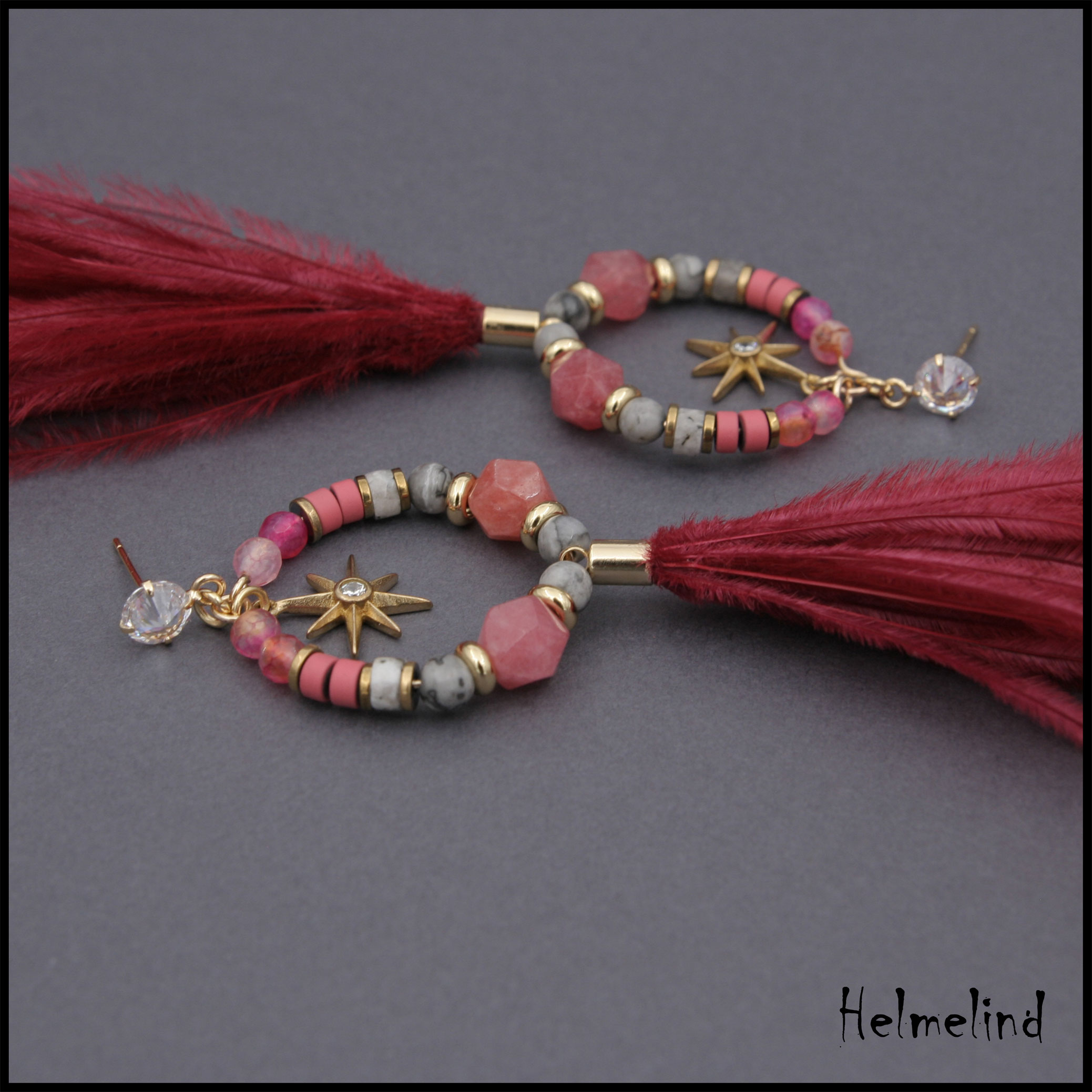 Kaunid poolvääriskividest kõrvarõngad sulgedega- jadeiit, ahhaat, picasso jaspis