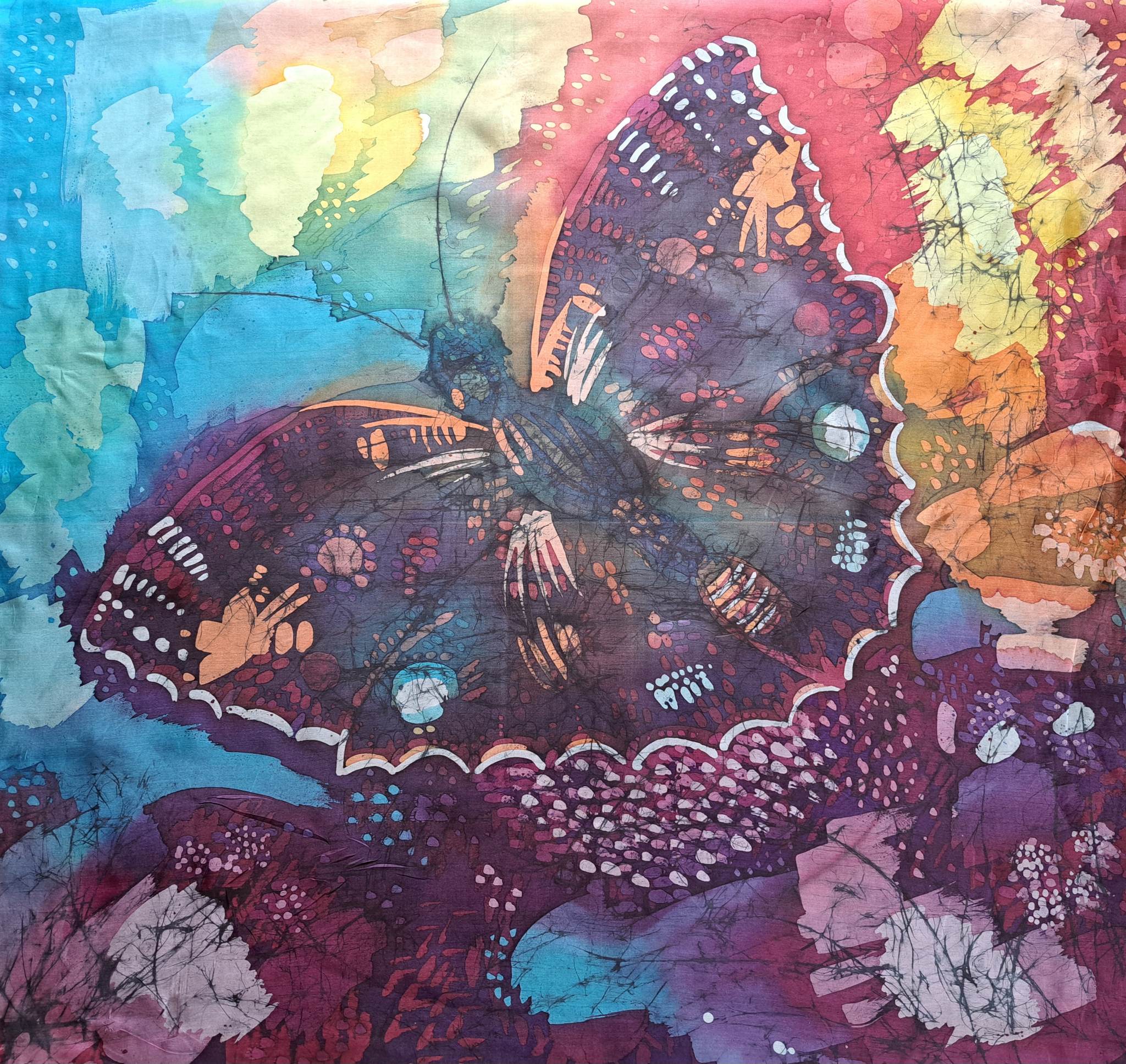 Kuumvaha tehnikas loodud siidirätik "Liblikalend"